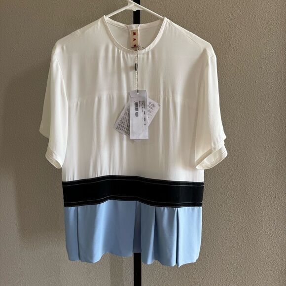 MARNI Peplum Blouse‎ Size 4 Silk Blend Short Sleeve Color Block Semisheer - Picture 1 of 14